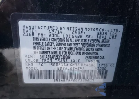 2014 Nissan Sentra S z USA, uszkodzony, nr VIN 3N1AB7AP2EY338809